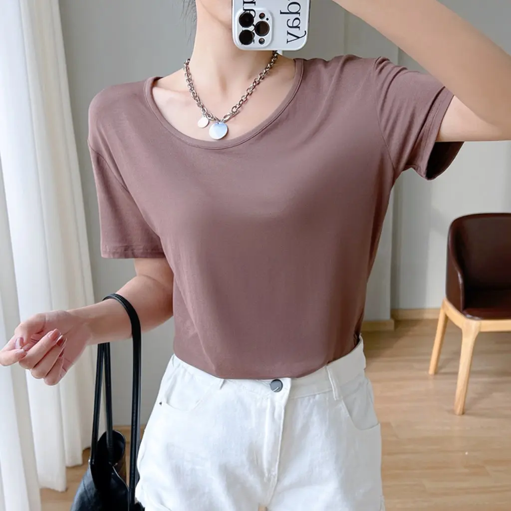 

Women's Modal Solid Color round Neck T-Shirt Summer Elegant Comfortable Short Sleeve Top for Commuting Loose Shoulder Fit
