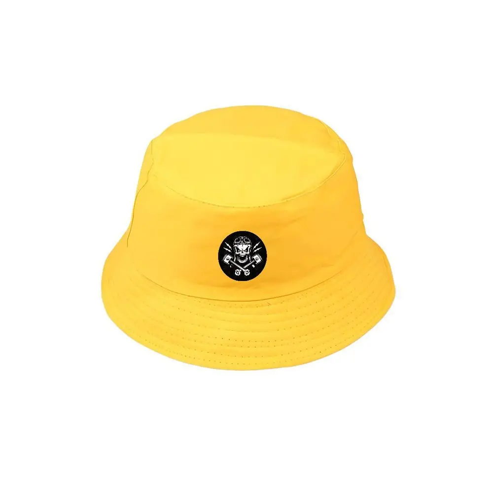 قبعة دلو سوداء قبعة صيد صياد السمك قبعات صيفية مع شعار مطبوع على شكل جمجمة ومحور بيضاء دائرية #3