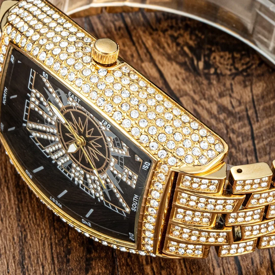 Unikatowy zegarek męski z Tonneau pełen Bling diamentowe zegarki męskie Hip Hop kwarcowy zegarek na rękę 18k Gold Relogios Masculino