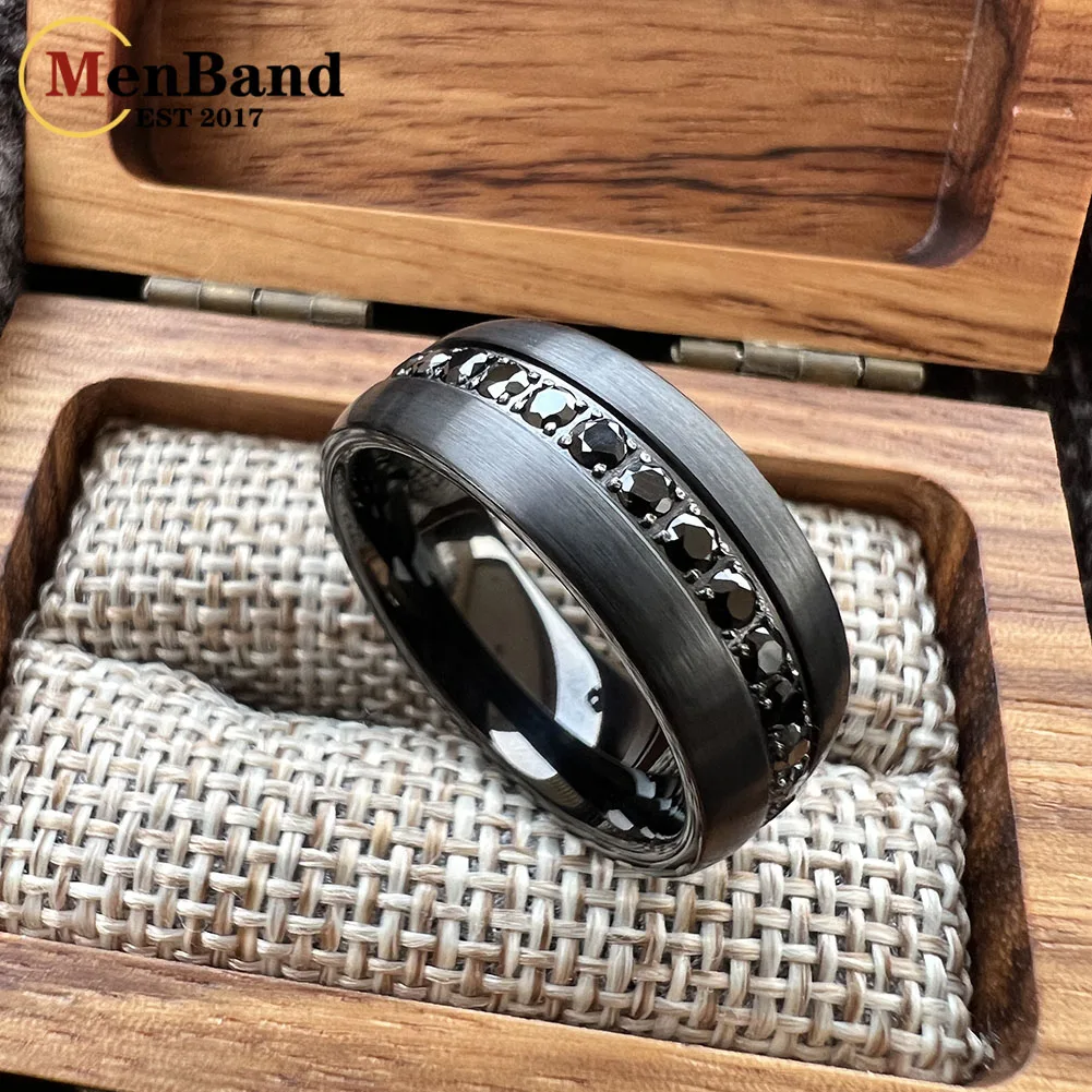MenBand 8mm Mens Womens Engagement Eternity Wedding Band Black CZ Stone Inlay Tungsten Carbide Ring  Comfortable Fit