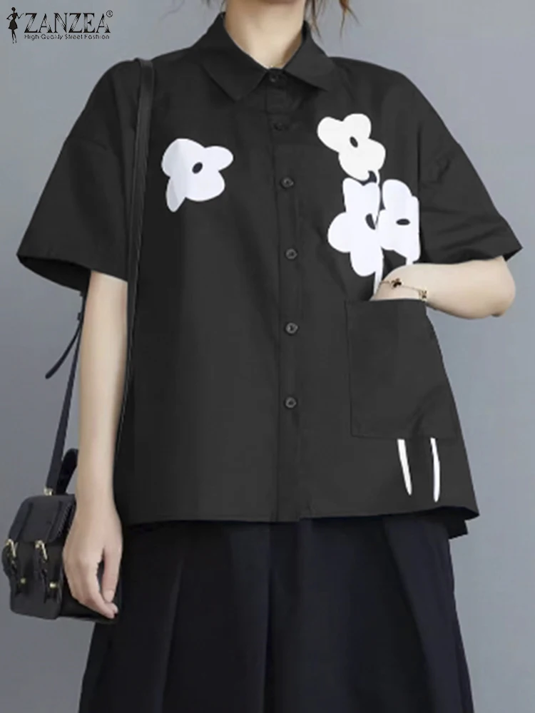 2025 ZANZEA 女性ラペルネック半袖ブラウス夏のファッションシャツカジュアルプリント Blusas 女性の仕事 OL トップスオーバーサイズシュミーズ