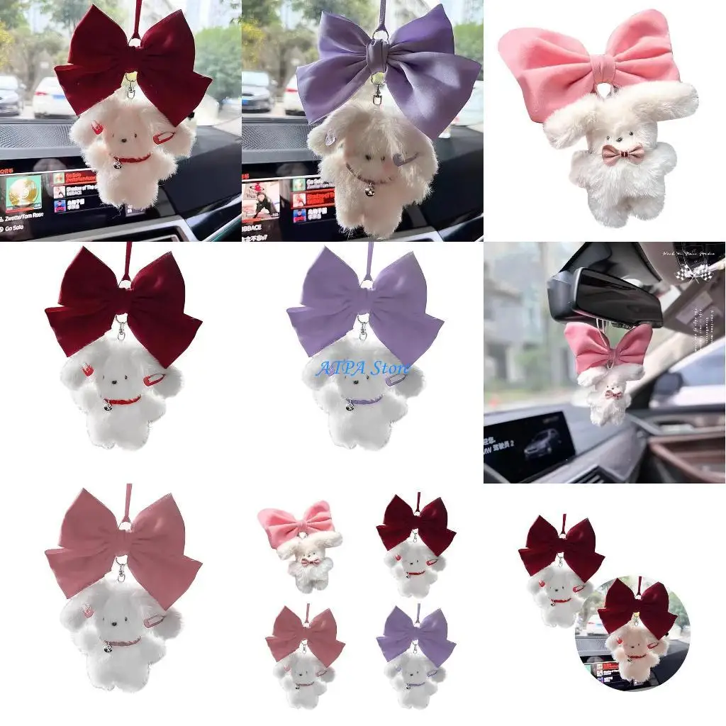 

U13C Hanging PlushBunny Decoration Rear View Mirror Bowknot Rabbit Ornament Car Interior Accessories Decorative Pendant