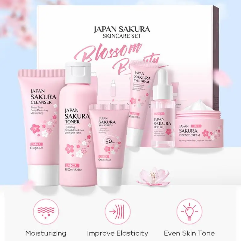 Sakura Facial Cleaner Korean Face Serum Anti Acne Peeling Gel Moisturize Fade Dark Circles Eye Cream Skin Care Set women gift