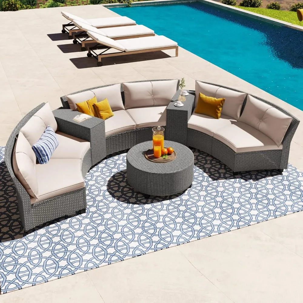 

Half-moon patio furniture set outdoor conversation set, PE rattan segmented conversation sofa set with thick cushions and table