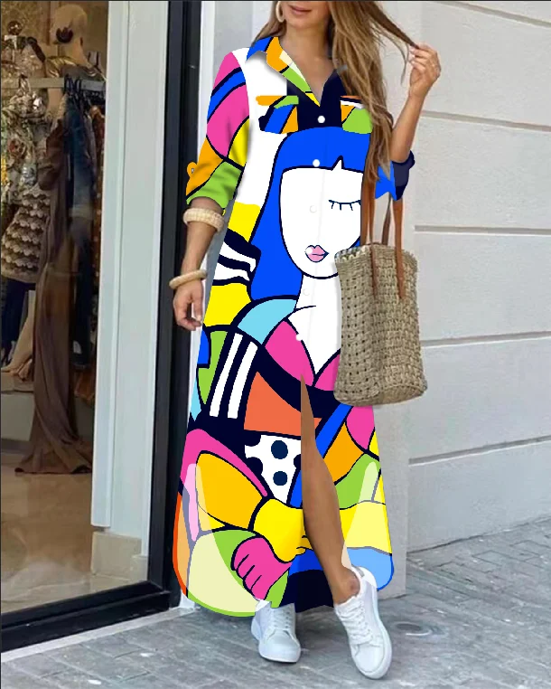 Faionable Long Sve Floral Print Dr Women's Long Dr Spring Autumn New Sle Ele Classy Maxi Dr Polyester Fiber