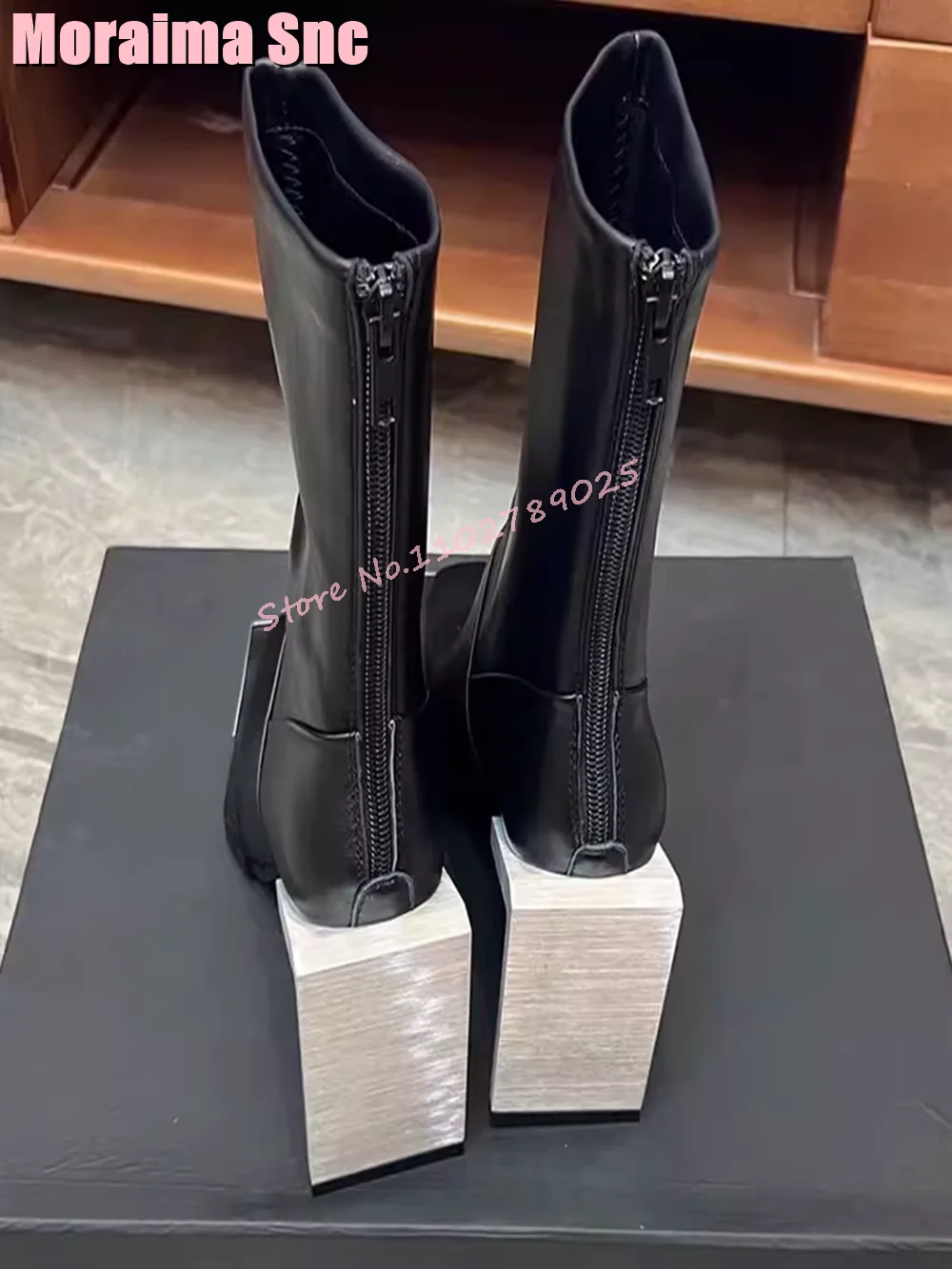 Square Toe Metal Strange Heel Ankle Boots Back Zipper Black Solid Sexy Fashion Unique Women\'s Short Boots 2024 New Autumn Winter