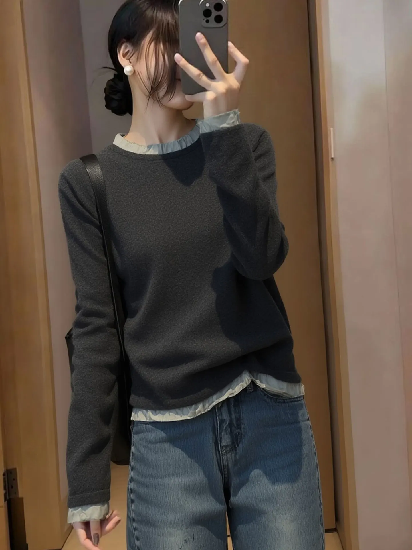 

Модный корейский вязаный свитер с длинными рукавами, в стиле колор-блок, теплый весенний топ для женщин, повседневная одежда, круглый вырез, стандартный крой