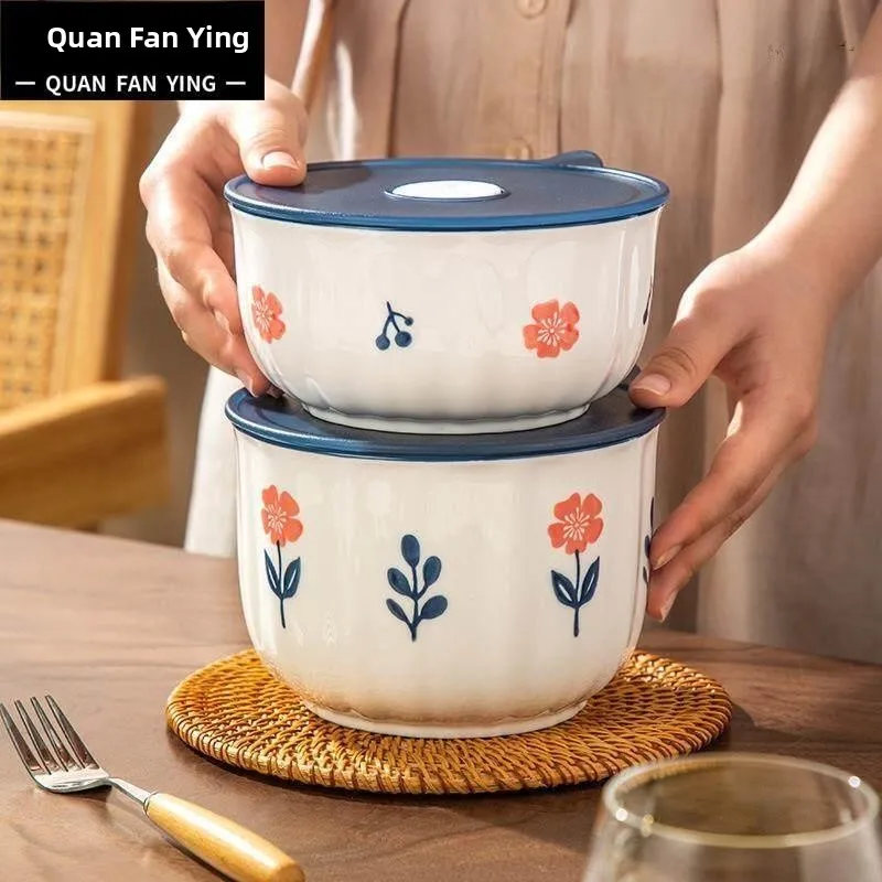 Ceramic Bowl Home Use  Keeping Bowl Soup Bowl with Lid Microwave Safe Cute Instant Noodles Bowl Eating Bowl Bento Box Sq...