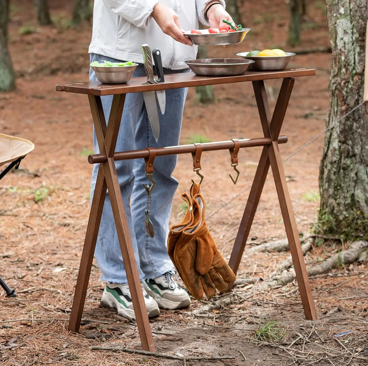 Outdoor Accessories Portable Foldable Shelf Camping Picnic Folding Table Hiking Picnic Wooden Tool Rack with Hook