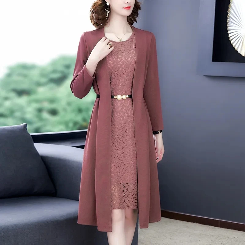 Elegant Lace Dress Set Women Two Piece Set New Spring Autumn Cardigan Coat Long Sleeve Tops And Vest Dress Suit With Belt 5XL