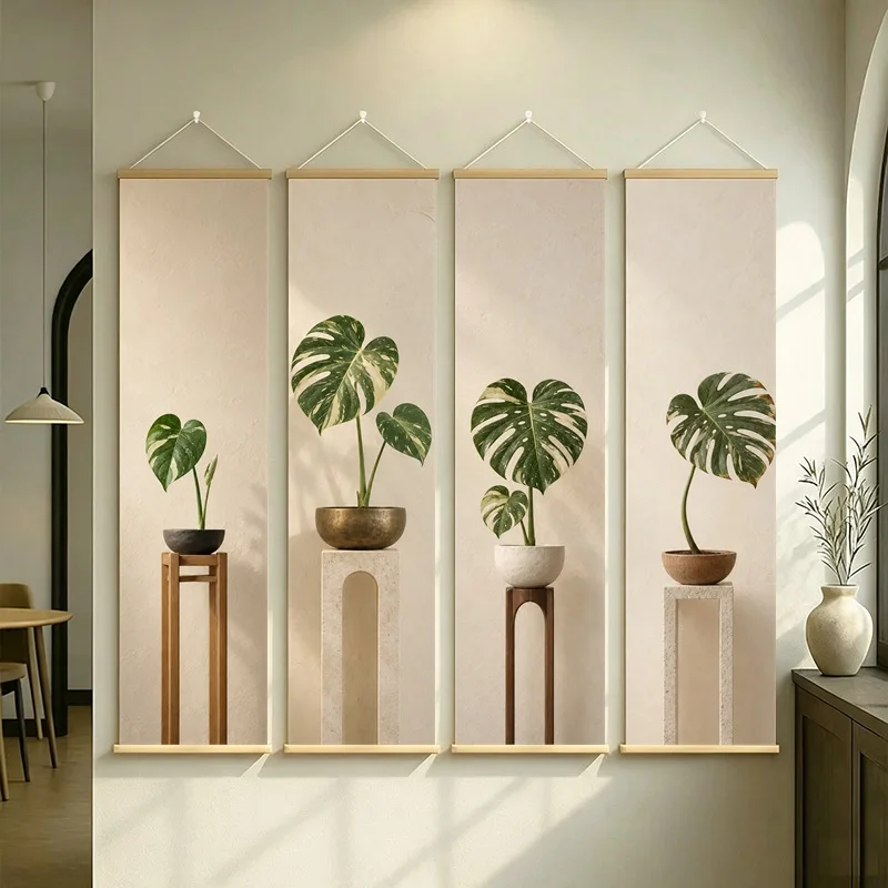 Monstera Wall Art 4-Panel Green Leaf Pot Hanging Scroll Set on Beige Silver Shimmer Canvas for Modern Living Room Decor