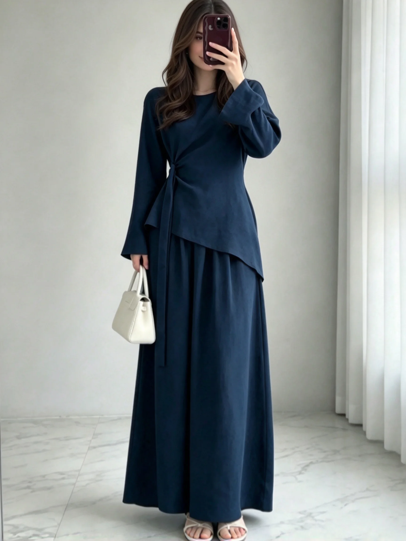 Women 2 Piece Set Long Sleeve Wrap Tie Irregular Top And Maxi Skirt Suit Elegant Modest Abaya Outfit Muslim Two Piece Dress Set
