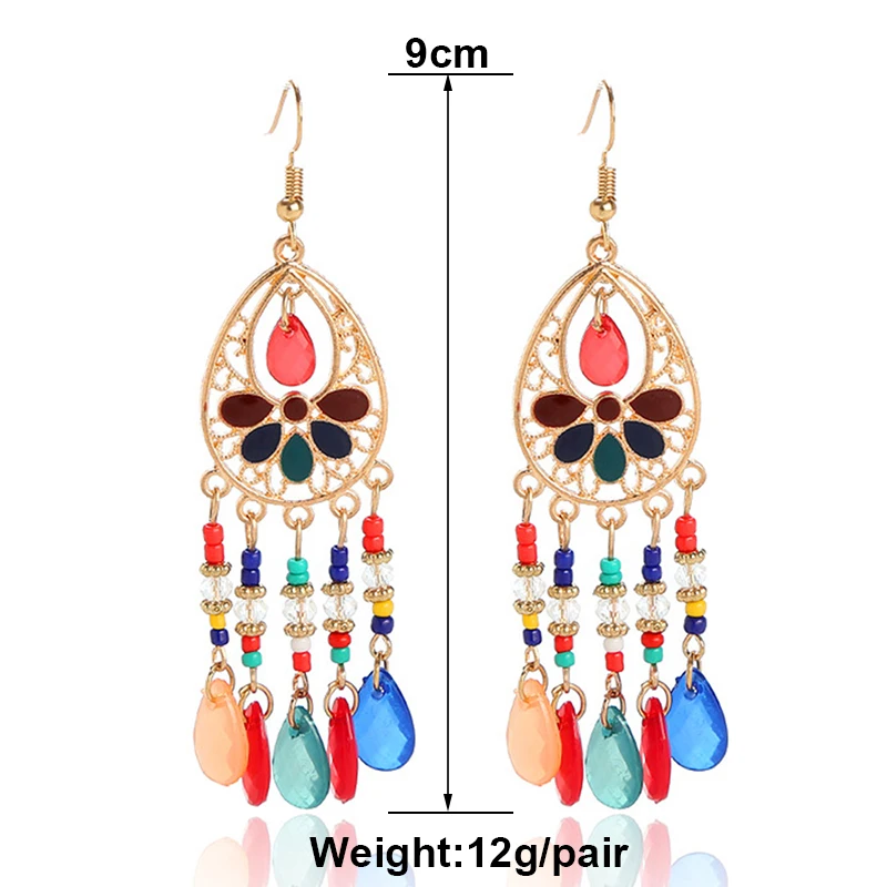 Vintage Ethnic Long Drop Oil Flower Beads Tassel Earrings for Women Boho Gold Color Hollow Acrylic Water Drop Dangle Earrings