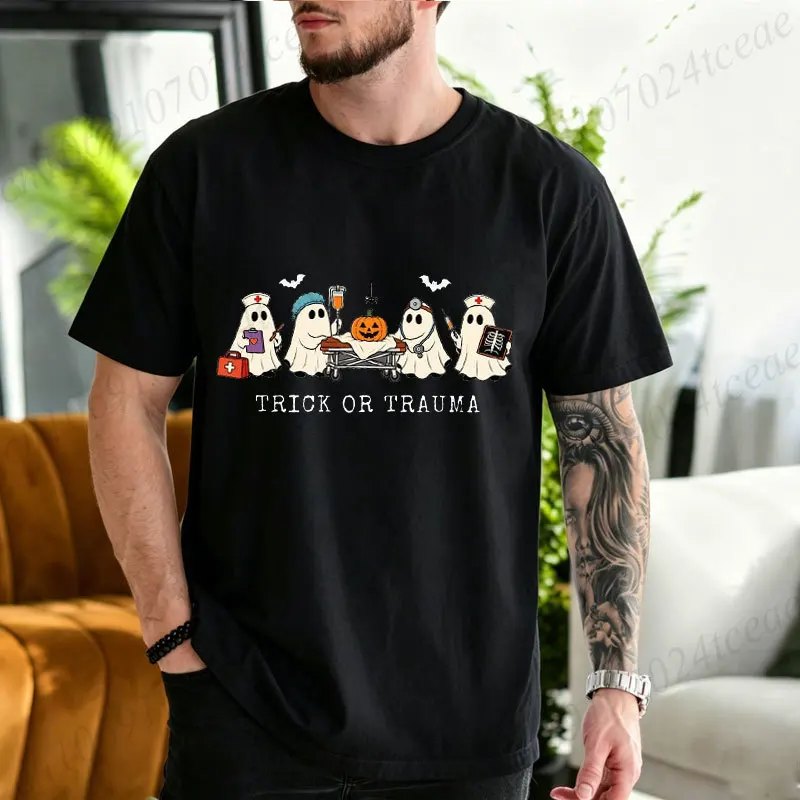Trick or Trauma Nurse Shirt,Spooky Halloween Nurse Tee Tshirts,ER Nurse Gift,Healthcare Worker Halloween,Ghost T-Shirts Tops