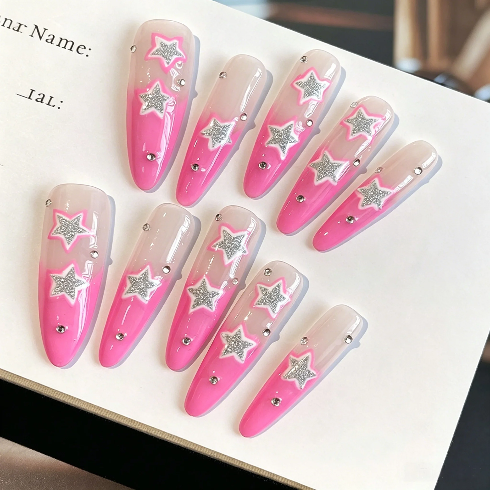 Valentine's Day 10Pcs Pink Star Rhinestone Press-On Nails - Y2K Glitter Heart Nails for Date Night & Romantic Brunch | Winter view 2