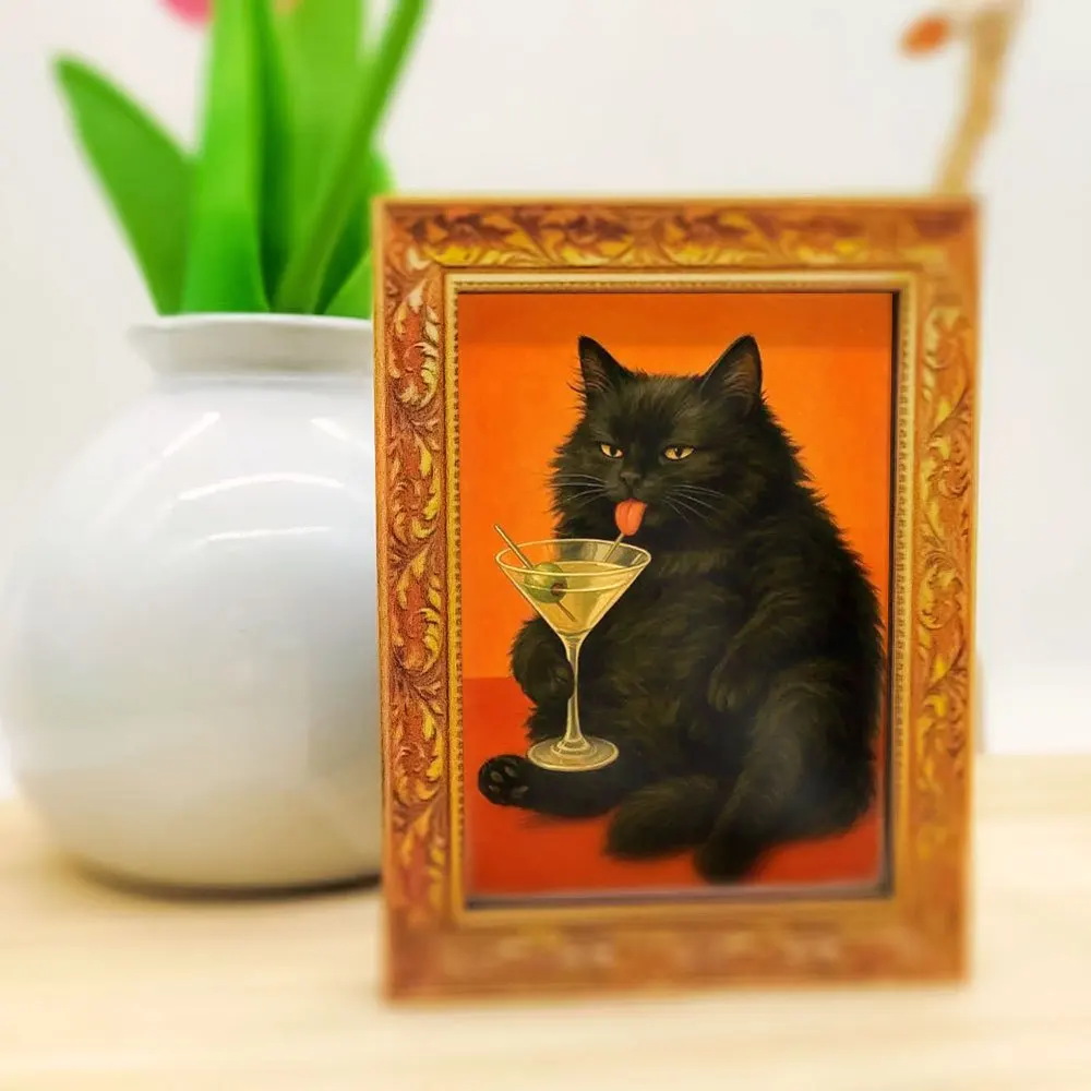 Funny Cocktail Cat Fridge Magnet, Retro Martini-Loving Black Cat Art, Wooden Framed Magnet for Kitchen, Home & Unique Gifts
