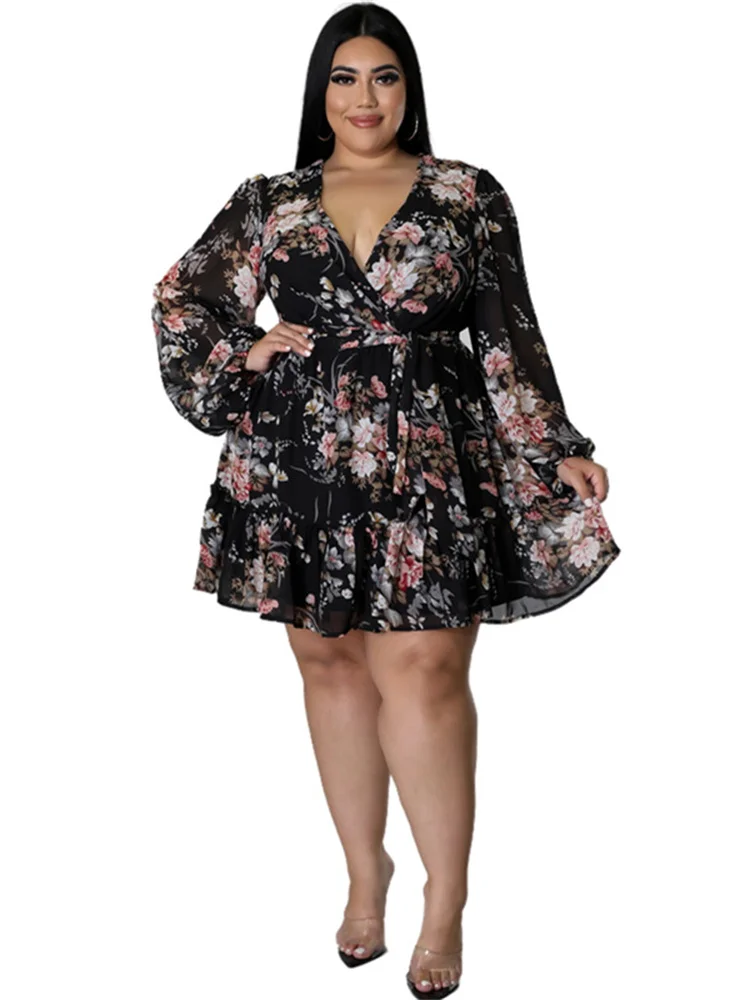 Wmstar Plus Size Dresses for Women 5xl Sexy Party Flower Print Long Sleeve New in Mini Dress Loose Elegant Casual Outfits