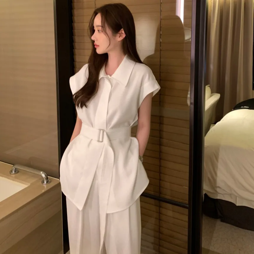 

Summer New Style Shirt And Wide Leg Pants Two Piece Set without Sleeves with Tie Design Turn down Collar Casual Fashion