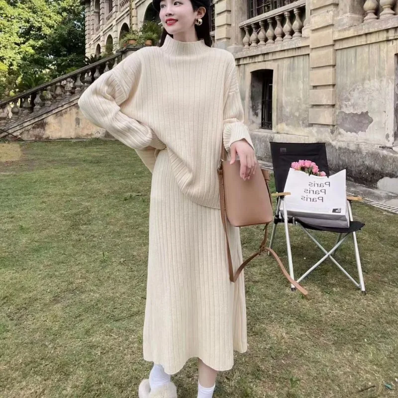 Autumn and Winter Women\'s Warm Knit Suit Fashion Commuter High Quality Loose Mock Neck Pullover Sweater Skirt 2pcs Matching Set