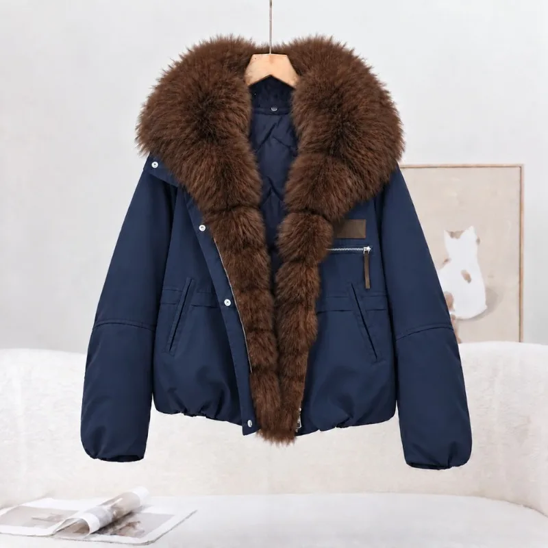 Winter Warm Detachable Faux Fur Parka Jacket Warm Women Short Quilted Padded Coat Drawstring Waist Thickened Windproof Outerwear