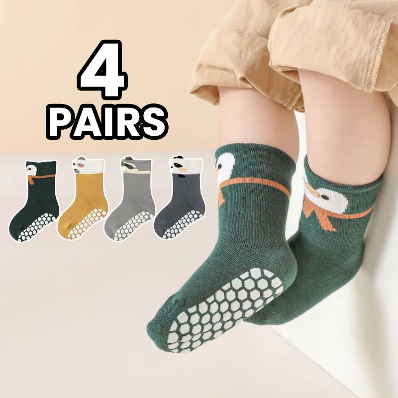 

4 Pairs Baby Toddler Cartoon Anti-Slip Dot Floor Socks Panda Pattern Mid-Calf Walking Socks for Boys And Girls