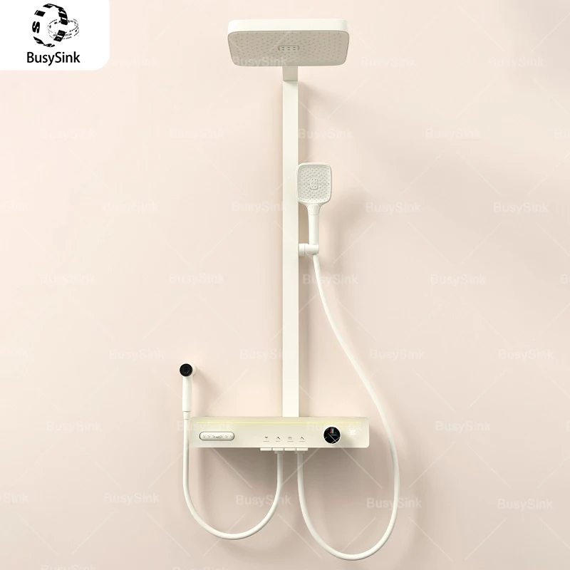 

Multifunctional Milky White Pressurize Shower Set With Waist Spray Ambient Lighting Digital Display Household Shower System Set
