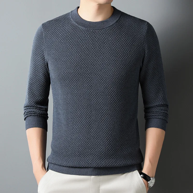 

round Neck Sweater Men's Autumn and Winter Leisure Warm Thickened Inner Wear Top Winter Men's Solid Color Sweater Tide