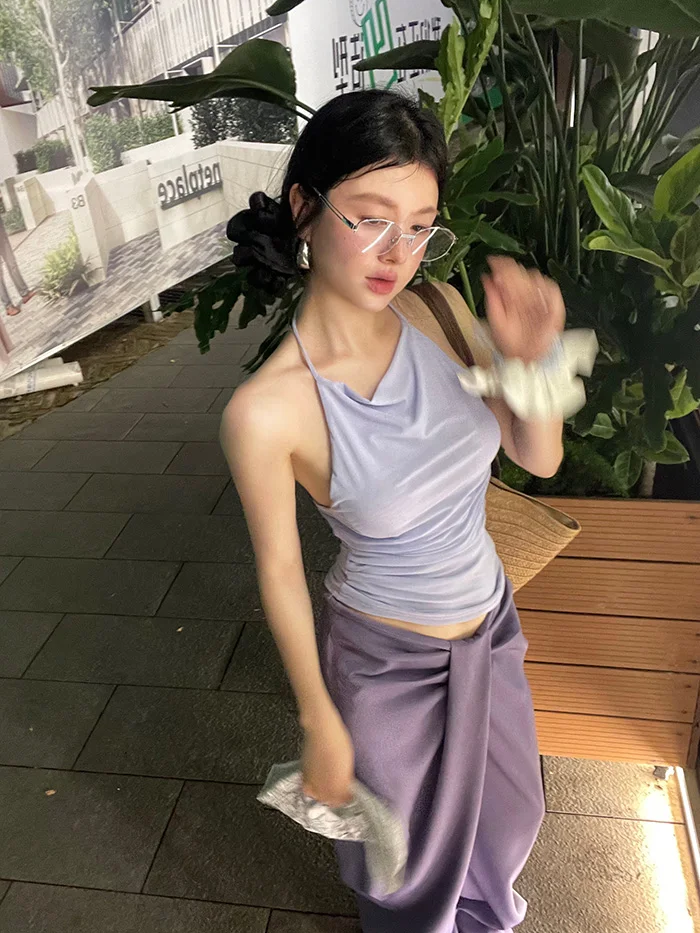 

Kumikumi Women's Summer Loose Casual Outfit Short Sleeve Folded Neck Vest Purple Long Pants Two-Piece Set High Waist Trousers