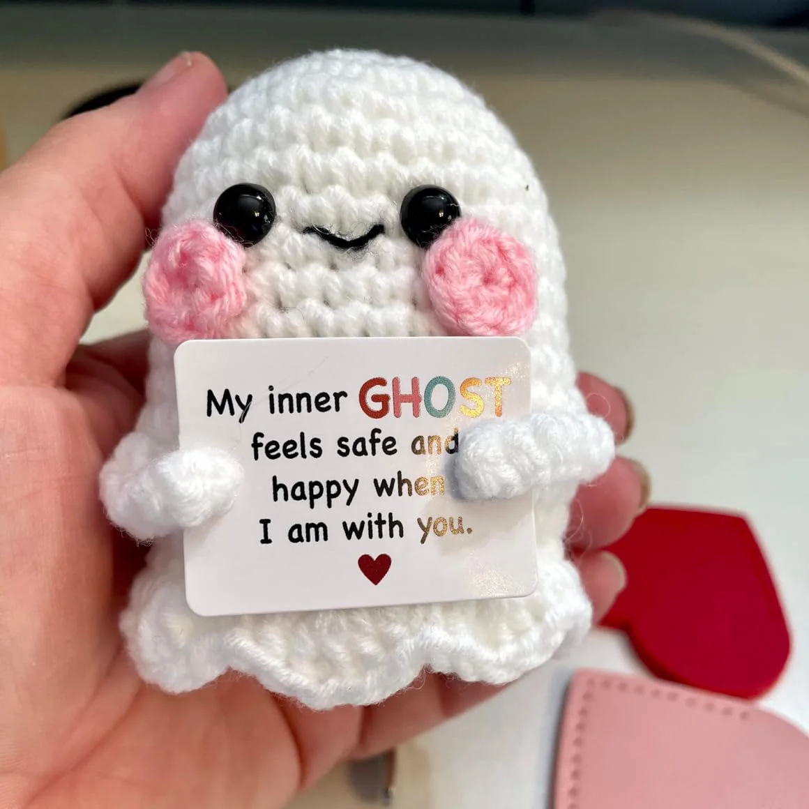 Funny Positive Crochet Ghost Doll With Card Halloween Home Decoration Handmade Knitted Black Cat Ghost Desktop Ornament Gifts