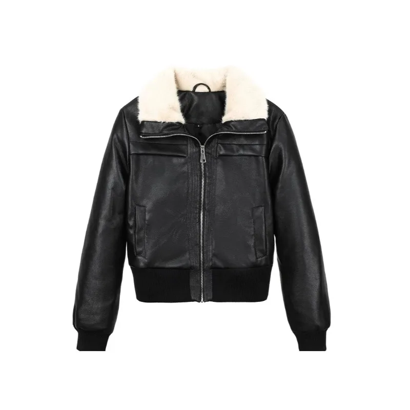 Autumn Winter Women's Thick PU Coat with Fur Collar, European American Fashion Motorcycle Jacket, Novel Leather Leather Jacket.