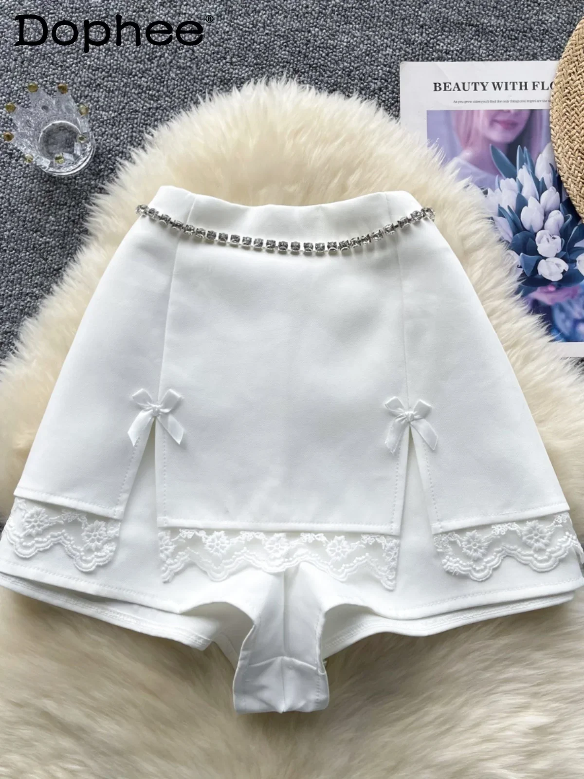 

Sweet Diamond Lace Stitching Shorts for Women 2024 Summer New Slimming Hot Girl High Waisted White Shorts Female Booty Shorts