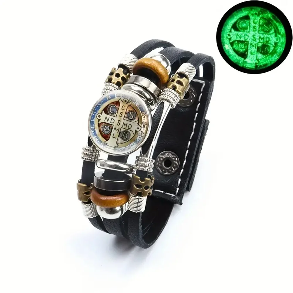 Saint Benedict Medal Leather Bracelet Catholic San Benito Glass Dome Snap Buttons Bangles Men Women Jewelry Accessories