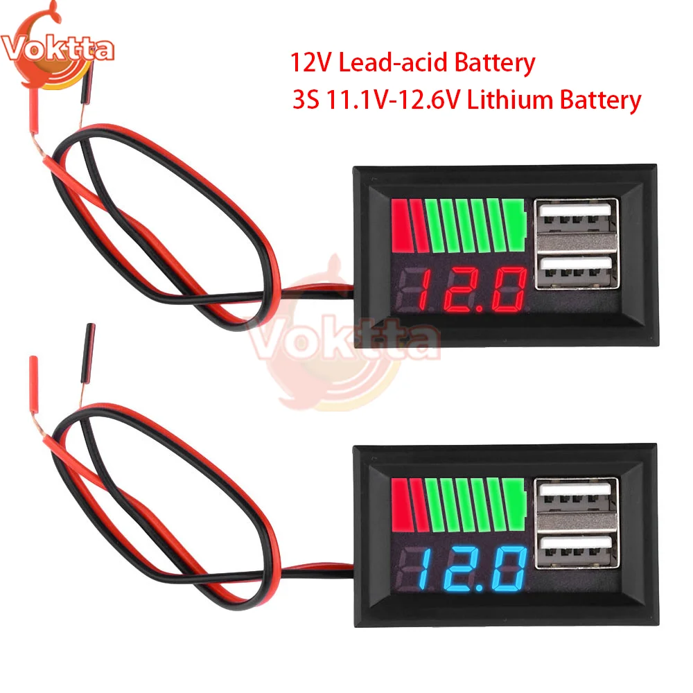 12V Lead-acid Battery 3S 11.1V-12.6V Lithium Battery Level Indicator LED Digital Display Voltmeter Dual USB Voltage Tester