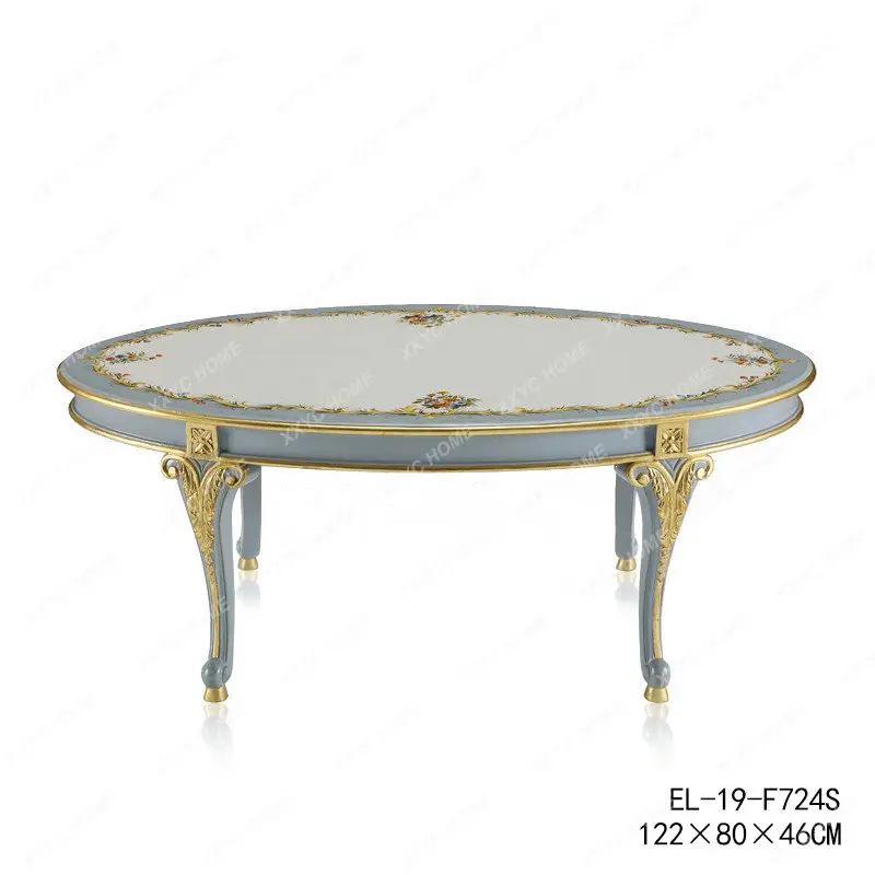 

Solid Wood Gilding Painted Distressed Beige Gray Blue Glass Desktop Oval Tea Table Living Room