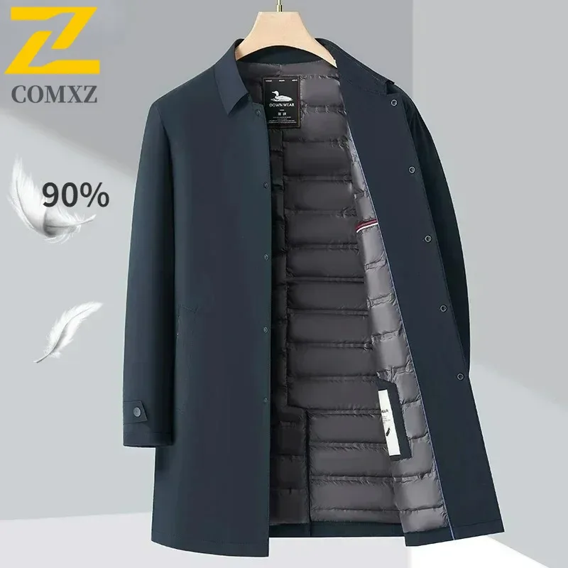 

Premium Long Down Men Coat Winter Luxury White Duck Feather Parka Thick Turn Collar Lightweight Warm Casual Business Overcoat