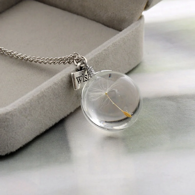 Natural Dandelion Pendant Necklace Wishing Glass Bottle Crystal Pendant Necklace Plant Handmade Jewelry Gifts For Women Girls