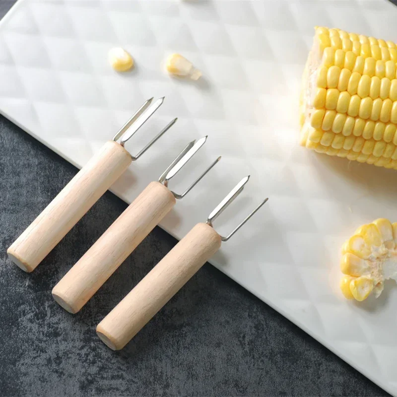 

2/4/8Pcs Stainless Steel Corn Holders with Wooden Handle Corn on The Cob Skewers Fruit Anti-scald Forks Outdoor Cooking BBQ Tool