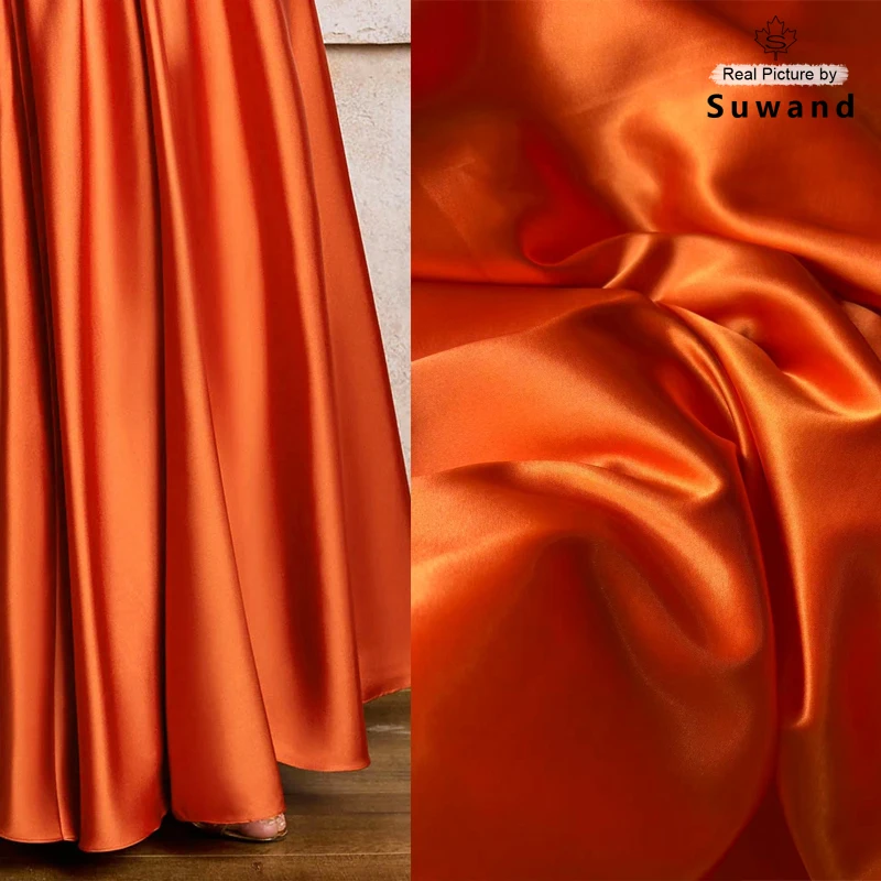 

Мягкая гладкая оранжевая тонкая атласная ткань Charmeuse, ткань для платья подружки невесты, вечернее платье, фоны, материал для шитья своими руками, ширина 150 см