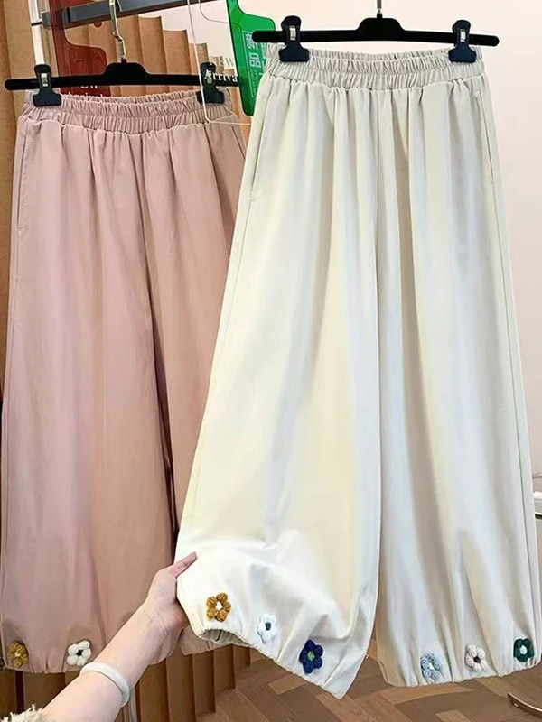 

American High Street Floral Lace Wide Leg Pants Women Summer Outdoor Wear Slimming Loose Fitting Casual High Waist Trousers