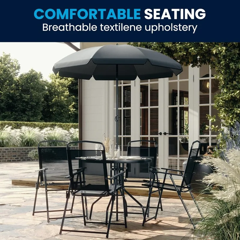 6 Piece Patio Dining Set with Glass Table 4 Folding Chairs and Parasol, Outdoor Patio Set Hot-sale Product High Quality Fabric