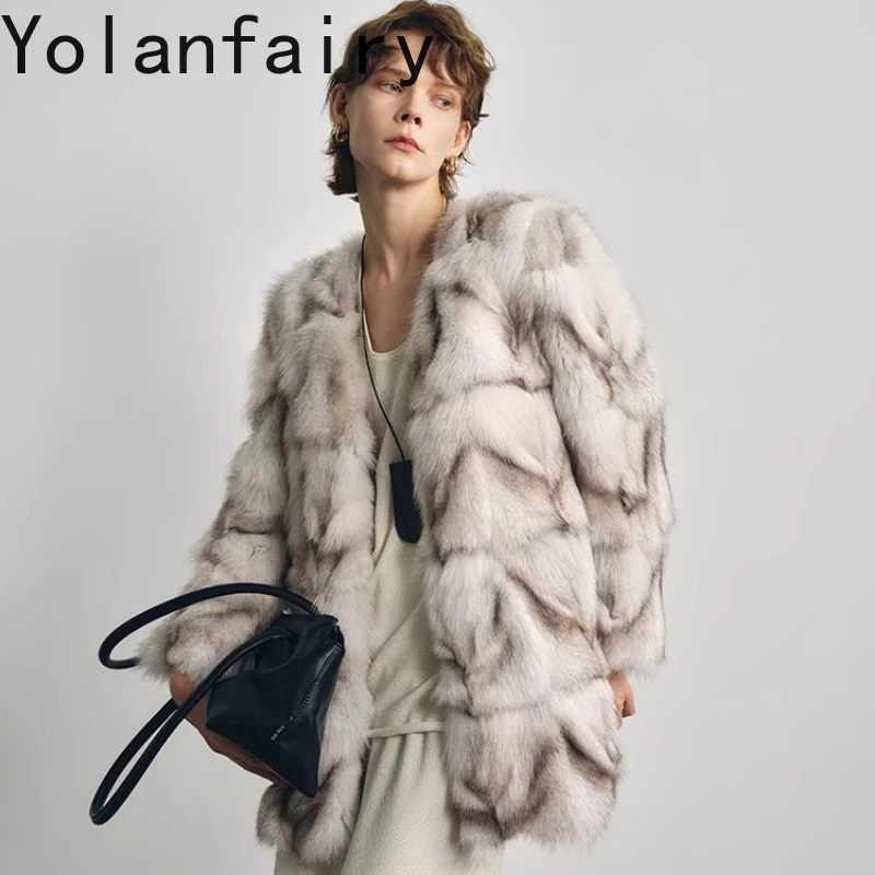 معطف YOLANFAIRY للخريف والشتاء مستورد بالكامل من فرو الثعلب الحقيقي ورقبة على شكل حرف v وأكمام طويلة معطف فرو على طراز التنقل معطف شوبانا نسائية 2025