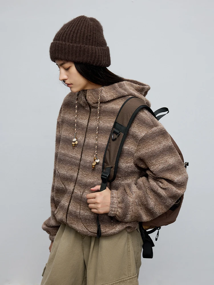 

Женское пальто из смесовой шерсти в стиле ретро, свободное, повседневное, в полоску, с капюшоном, шерстяная куртка для осеннего сезона, молодежный модный тренд