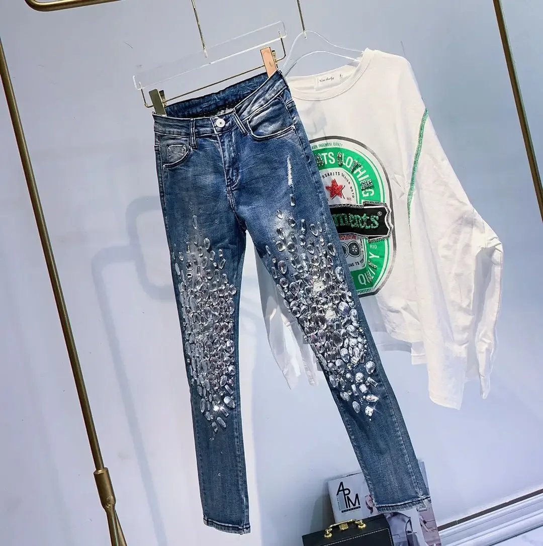 Luxury Women Handmade Diamonds Beaded Denim Pencil Pants Sewing Crystal Trousers Shiny Skinny Stretch Jeans Rhinestones Pantalon