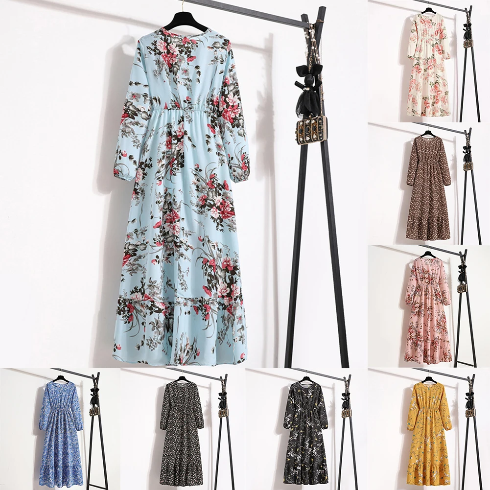 Women Floral Printed Maxi Dresses Spring Summer Casual O Neck Full Sleeve High Waist A Line Boho Beach Party Long Dress Vestidos