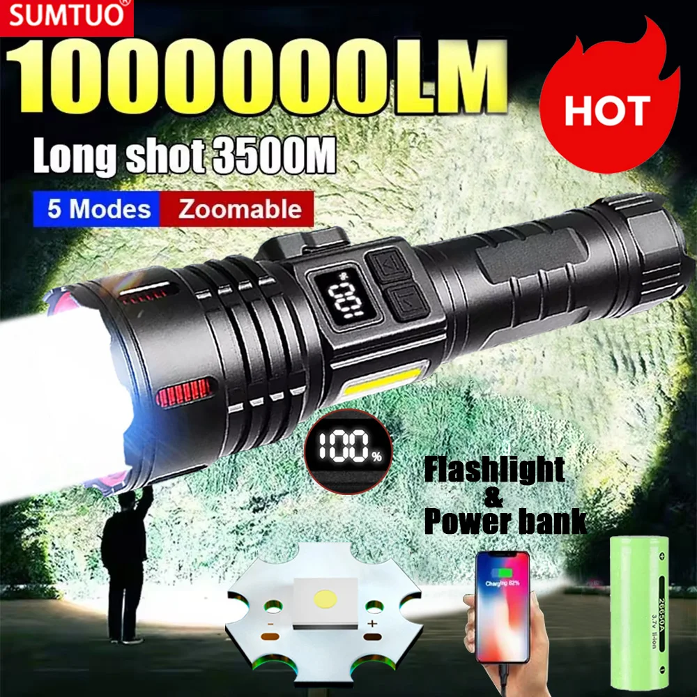 

High Power Led Flashlights XHP390 High Lumen 1000000 Rechargeable Strong Light Tactical Lantern Self Defense Emergency Led Torch