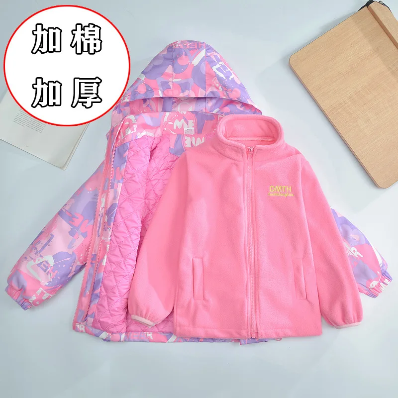 Girls autumn and winter fleece jacket Windproof /waterproof new girls 3-in-1 detachable fleece trench coat 6-12 years old