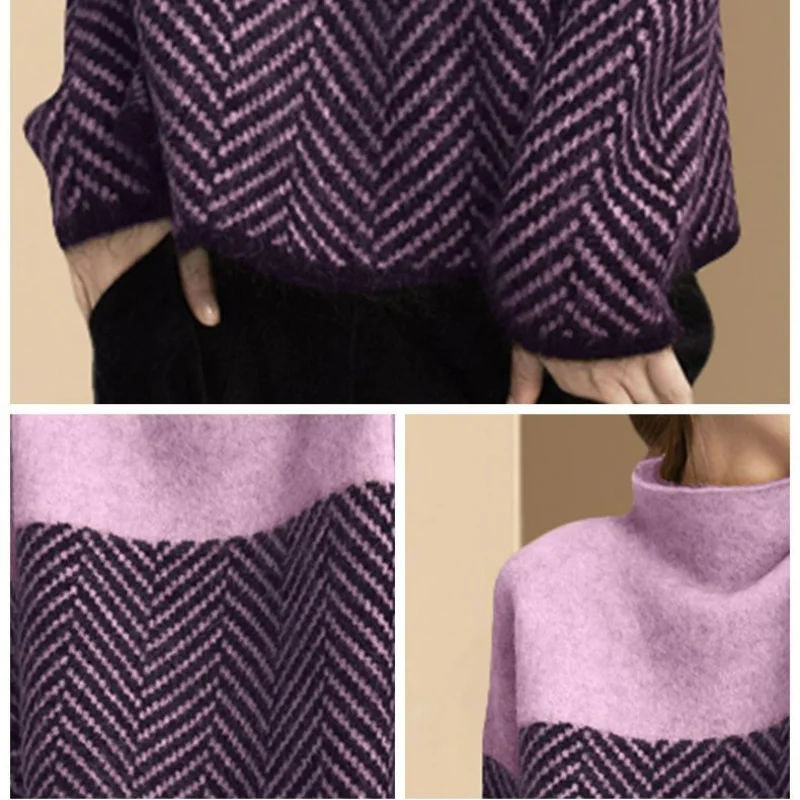 Korean Clothing Fashion Women Autumn Winter Sweater Contrast Striped Casual Loose Long Sleeve Half Turtleneck Knitted Pullovers