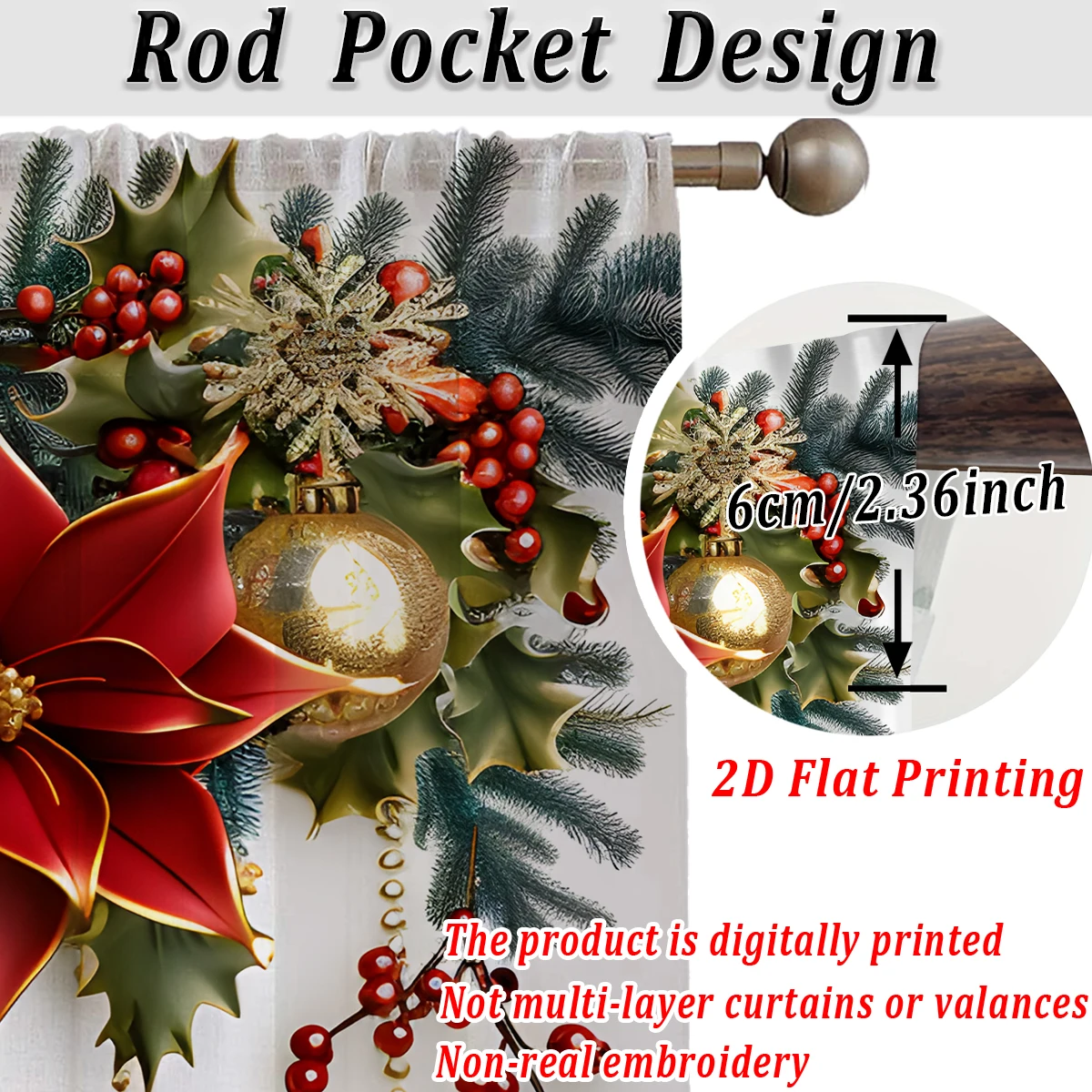 ستارة شفافة مطبوعة مسطحة لعيد الميلاد مع حلي عيد الميلاد، بونسيتة، توت هولي، لديكور نوافذ باب المنزل لعيد الميلاد