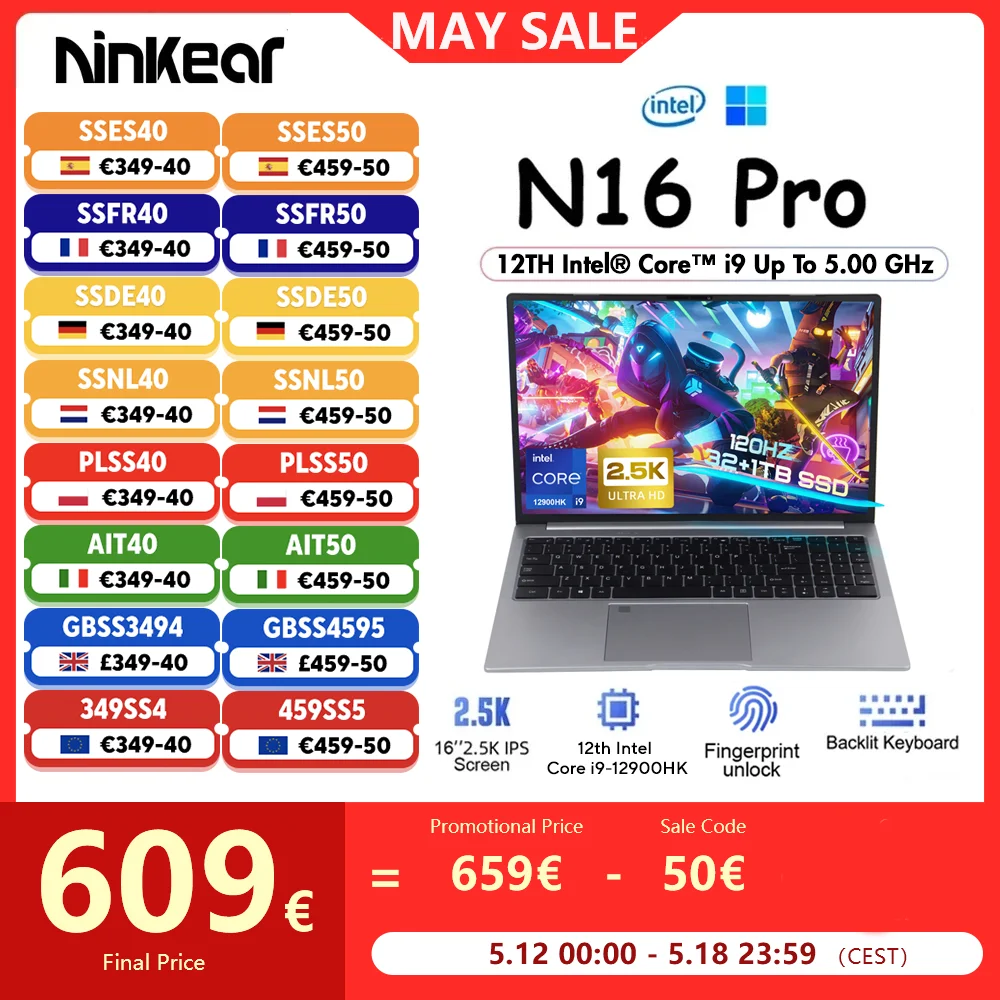 Ninkear n16 pro Laptop 32GB 1TB 12. Intel i9-12900hk 16 ''2,5 k ips 120Hz Gaming-Computer 63,52 Wh