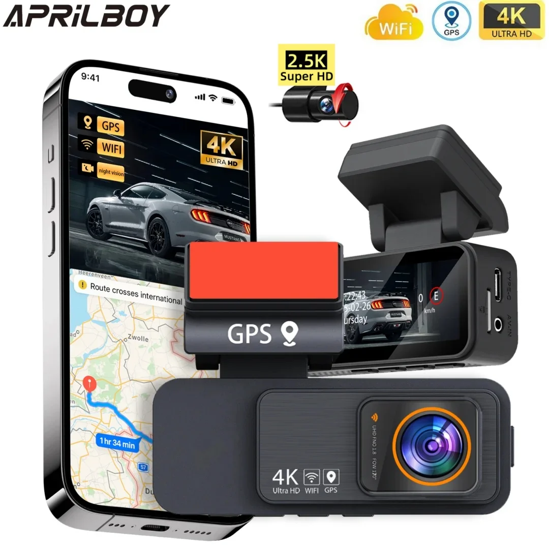 

Aprilboy K9 Видеорегистратор с двумя объективами и записью 4K UHD Автомобильная камера DVR Видеорегистратор ночного видения Встроенный Wi-Fi GPS Поддержка парковки 24 часа